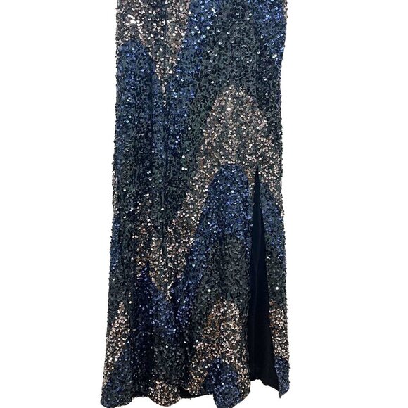 Free People NWT Blue Black Silver Sequined Halter Neck Party Prom Dress Large - Picture 6 of 8